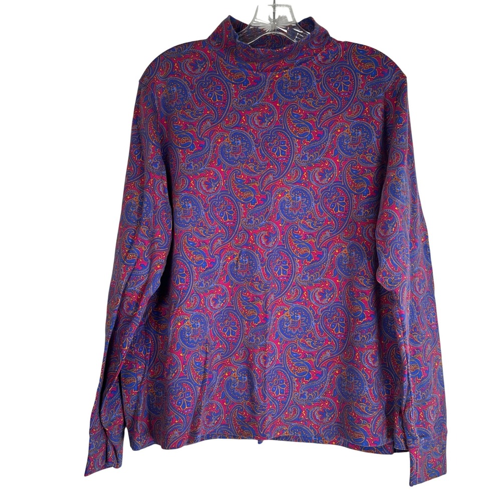 Lands End Relaxed Cotton Paisley Mock Neck Turtleneck Top Blue Pink L 14-16